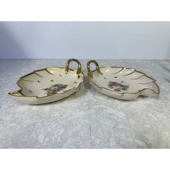 Mid Century Leaf Shaped Floral Gilt Accented Candy or Trinket Dishes-Set of Two - Picture 1 of 5